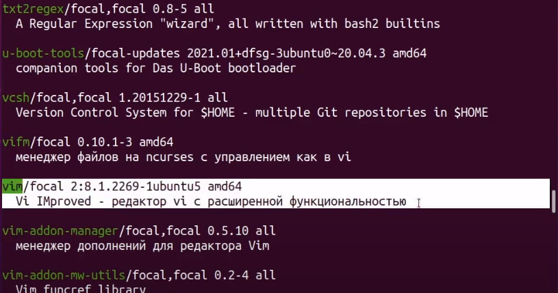 Поиск пакета vim apt seach vim